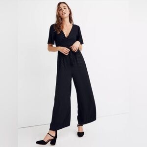 Madewell Black Dotted Short Sleeve Waist Tie Wide Leg Jumpsuit, Size 10